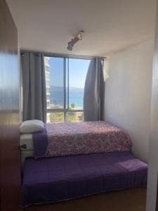 a bedroom with a bed with a view of the ocean at Habitación frente a Muelle Vergara en un departamento in Viña del Mar
