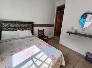 a bedroom with a bed and a mirror on the wall at Casa del Patrón Posada in Taxco de Alarcón