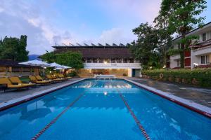 科钦Casino Hotel - CGH Earth, Cochin的一个带椅子的大型游泳池和一栋建筑