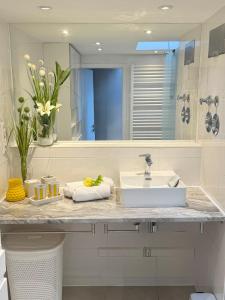 a bathroom with a sink and a mirror at Sunset Suite mit Weitblick in Ditzingen +23 photos