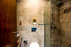 a bathroom with a shower with a toilet and a vase of flowers at LUXURIOUS 3-Bedroom Apartment in Prime Location,Tunis in Tunis