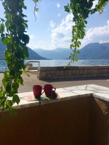 zwei rote Tassen auf einem Tisch mit Blick auf das Wasser in der Unterkunft Sea view Apartment, Todorovic in Kotor