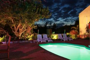 a swimming pool with lounge chairs and a tree at Tri M Waves Lodge in Ponta do Ouro