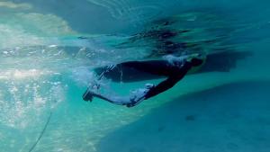 a person is swimming in the blue water at Experience Sleeping in the bay in Porto San Paolo