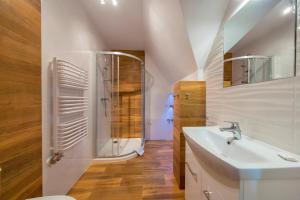 een badkamer met een douche en een wastafel bij Apartamenty Pod Gubałówką in Zakopane +52 foto's