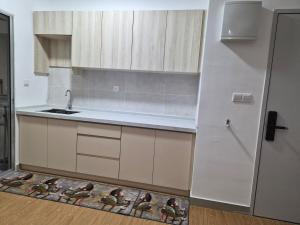 a kitchen with a sink and a kitchen rug on the floor at Nine9 Homestay in Sepang
