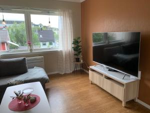 a living room with a large flat screen tv at Apartment with a view in the center of Narvik in Narvik