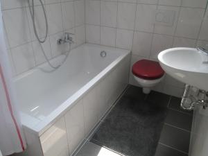 a bathroom with a tub and a toilet and a sink at KRIO Nicola Rothfuchs Ferienwohnung 2 in Idar-Oberstein