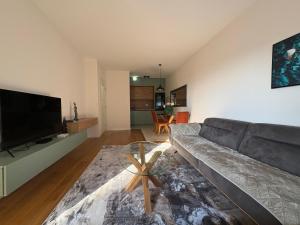 a living room with a couch and a glass table at Apartments Central Point 11 & Private Garage in Podgorica