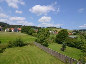 a green field with a fence and trees and houses at Apartment in the Hochsauerland region in a quiet location in Stormbruch
