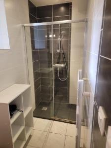 a shower with a glass door in a bathroom at Baie du mont saint michel - 6 personnes - Spa privatif in Roz-sur-Couesnon +28 photos