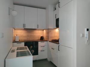 a kitchen with white cabinets and a black stove at 2-Bedroom Apartment with 2 Free Parking Spots - TAURON ARENA in Kraków
