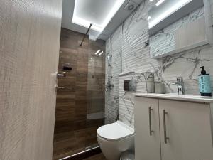 a bathroom with a toilet and a sink and a shower at Dragoumi Suites Lydia in Thessaloniki