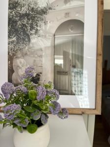 a vase filled with purple flowers sitting on a counter at L'olivière in Saint-Paul-Trois-Châteaux
