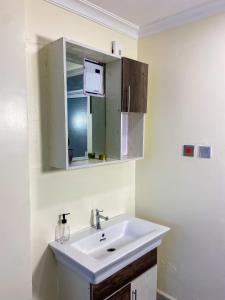 a bathroom with a sink and a microwave at Open Heaven Apartements in Ongata Rongai  +7 photos