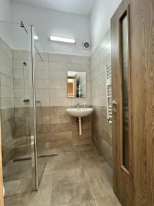 un baño con lavabo y ducha en 27 RENT Apartments, en Bucarest
