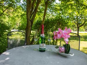 a bottle of wine and two glasses on a table with flowers at Feriendorf Rugana - Klassik 1-Raum Appartement mit Terrasse A51 in Dranske