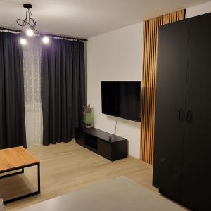 Una sala de estar con un televisor de pantalla plana en la pared. en Exclusive Apartment - blisko Dworca, darmowy parking przy ulicy, późne wymeldowanie, Wi-Fi, en Opole