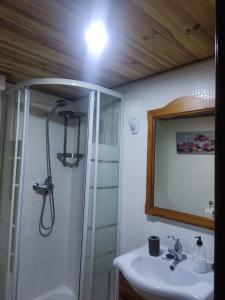 Un baño con ducha, lavabo y espejo. en apto 2 hab y jardín cerca de Alcalá de Henares, en Villalbilla 102 fotos más