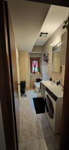 a bathroom with a sink and a washing machine at La Casa del Bosco in Filottrano