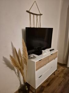 ein Flachbildfernseher auf einem weißen Entertainment-Center in der Unterkunft Appartement Spa et Sauna privatif - Terrasse in Carcassone