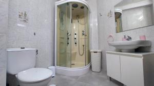 a bathroom with a shower and a toilet and a sink at Apartamento familiar primera línea de playa in Benidorm +18 photos
