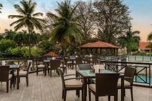 ein Restaurant mit Tischen, Stühlen und Palmen in der Unterkunft Palm Meadows Resort in Bangalore