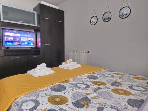 une chambre avec un lit avec une couverture jaune et une télévision dans l'établissement Mladost Sofia, close to Metro Station and Center, à Sofia