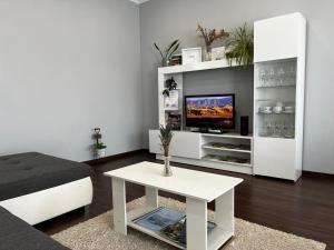 een woonkamer met een tv en een witte salontafel bij Modern two bedroom flat with balcony in Lenti