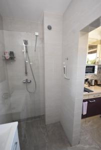 a shower with a glass door in a bathroom at apartmaji LEJARDIN in Škofljica +53 photos
