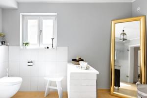 a bathroom with a white toilet and a mirror at Gemütliches Zuhause im Souterrain - Masblanche No 1 in Mühlhausen +13 photos