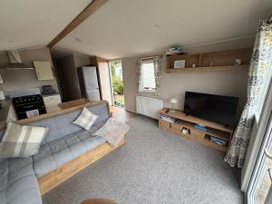 a living room with a couch and a flat screen tv at Southview caravan park in Winthorpe