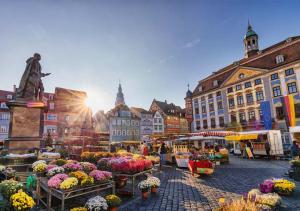 a market in a city with flowers on display at The Square Coburg in Coburg