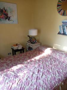 a bedroom with a bed and a lamp on a table at casa de campo a 40 km de Rosario in Villa Amelia +2 photos