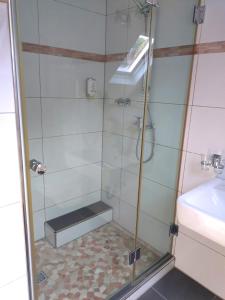 a shower with a glass door next to a sink at Herzstück Simonskall in Hürtgenwald