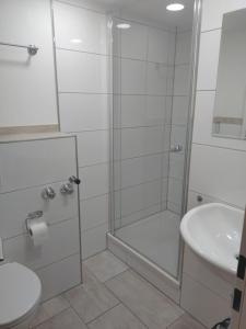 a bathroom with a shower and a sink at Herzstück Simonskall in Hürtgenwald