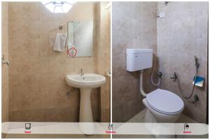 two pictures of a bathroom with a toilet and a sink at Hotel O Jaipur Railway Junction Vijeet Palace in Jaipur +16 photos