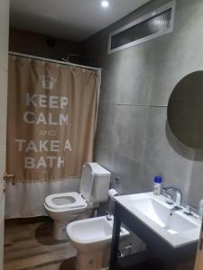 Un baño con inodoro, lavabo y cortina de ducha. en Apartment Belgrano, en Buenos Aires