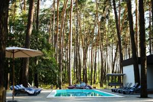 a swimming pool in front of a forest of trees at Заміський комплекс Lisovi Polyany in Novosëlovka
