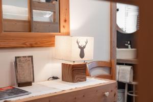 a table with a lamp on top of a desk at Albergo Majorka in Canazei