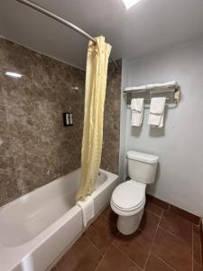 a bathroom with a toilet and a tub and a sink at American Inn & Suites in Paris