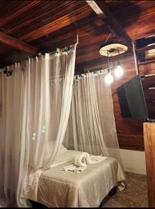 a bedroom with a bed with white curtains and a tv at Chalé Romântico Salesópolis - Café da manhã e banheira de hidromassagem in Salesópolis