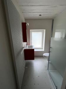 an empty bathroom with a sink and a window at Appartement 2 chambres in Messancy