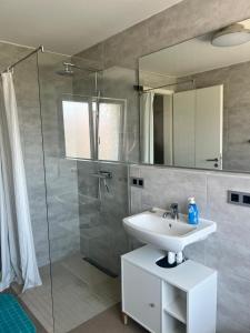 a bathroom with a sink and a shower at Idyllische Ferienwohnung in Ebersbach-Musbach