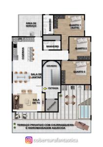 a floor plan of a house at Fantástica cobertura apenas 70 metros da praia in Governador Celso Ramos