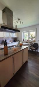 a kitchen with a large island in a kitchen at Ferienidyll Gartenblick in Lohra