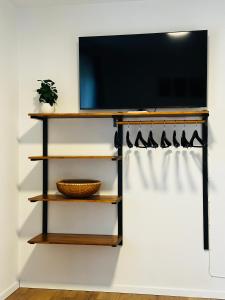 a shelf with a tv on a wall at Apartmány pod Suchým vrchem in Stachy