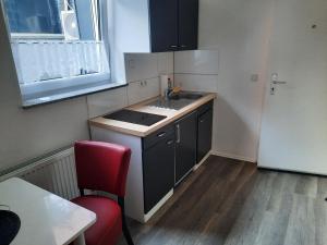 a small kitchen with a sink and a refrigerator at Appartment am Nordpark in Mönchengladbach