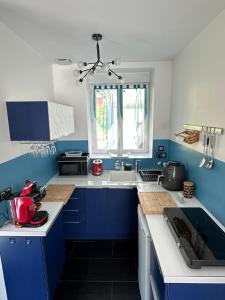 a blue and white kitchen with a sink and a window at Entre Bourges et Sancerre, vacances relaxantes in Les Aix-dʼAngillon