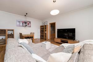 Una sala de estar con un sofá y un televisor de pantalla plana. en Spacious luxury all inclusive old town flat, en Tallin